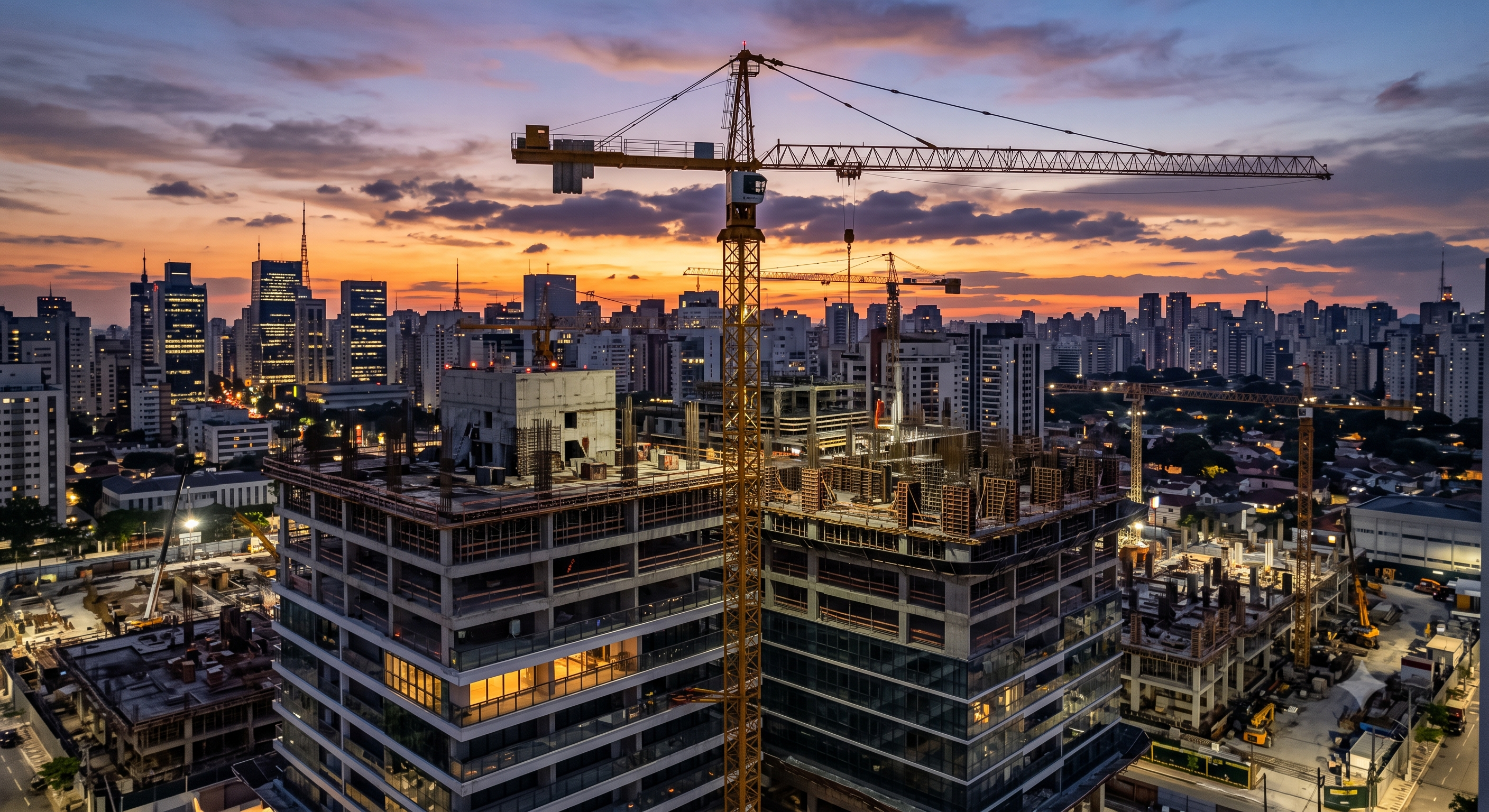 Canteiro de obras de empreendimento residencial de alto padrão em São Paulo, guindaste e estrutura em construção contra o céu de fim de tarde.